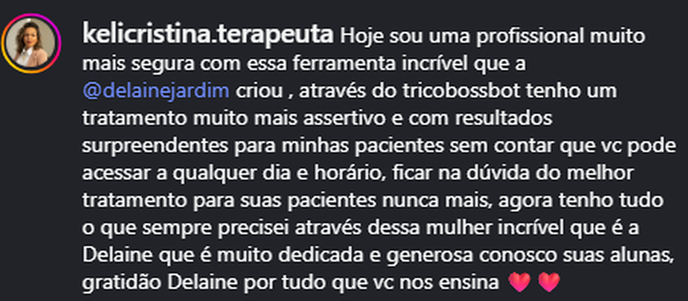 Depoimento de kelicristina.terapeuta sobre o TricoOS